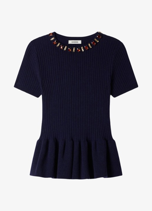 Sandro Ribgebreide trui met peplum - voorkant 2 donkerblauw