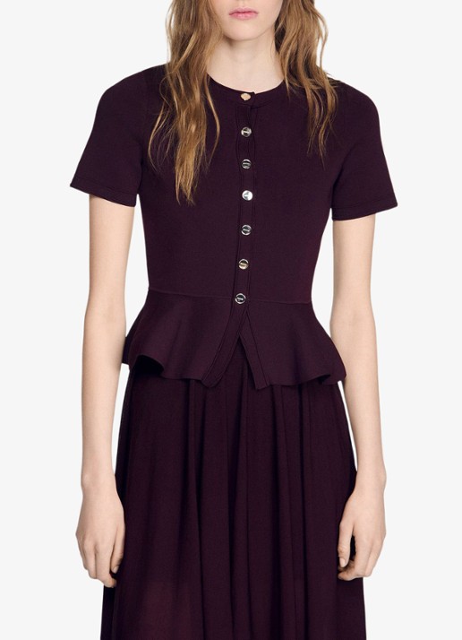 Sandro Semi-transparante midi jurk met peplum - detail bordeauxrood