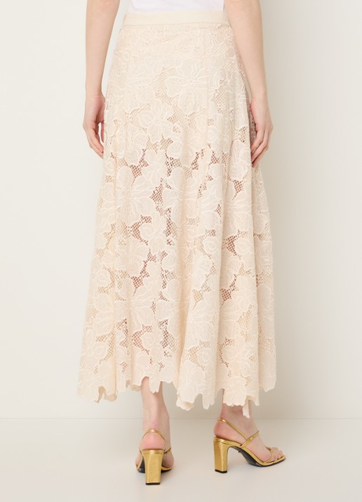 Sandro Semi-transparante midi rok van kant met kralendecoratie - achterkant beige