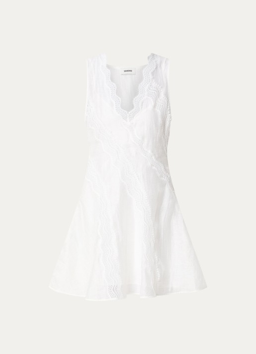 Sandro Semi-transparante mini jurk in linnenblend met details van kant - voorkant 3 wit