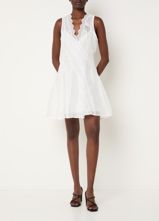 Sandro Semi-transparante mini jurk in linnenblend met details van kant - voorkant 4 wit