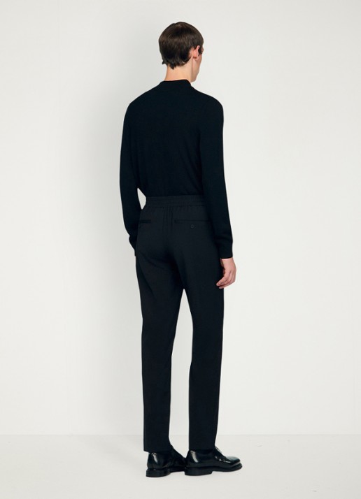 Sandro Slim fit pantalon in wolblend met elastische band - achterkant 6 black / zwart