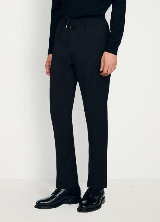 Sandro Slim fit pantalon in wolblend met elastische band - detail black / zwart