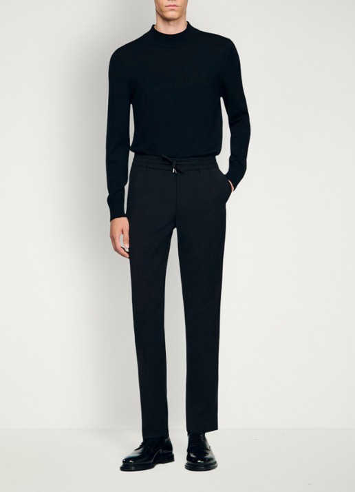 Sandro Slim fit pantalon in wolblend met elastische band - voorkant 5 black / zwart