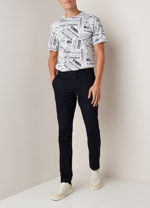 Sandro Slim fit pantalon van katoen met persplooi - voorkant 2 donkerblauw