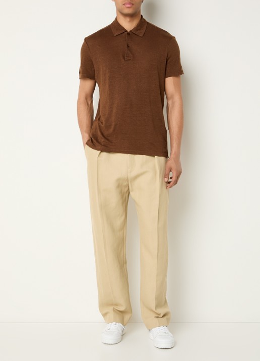 Sandro Slim fit polo van linnen  - voorkant 4 hazelnootbruin
