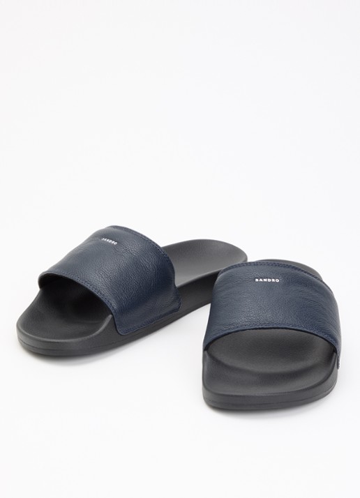 Sandro Slipper van leer met logo - detail 3 donkerblauw