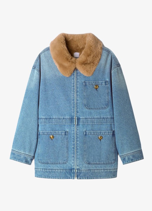 Sandro Spijkerjas met imitatiebontkraag - voorkant denim