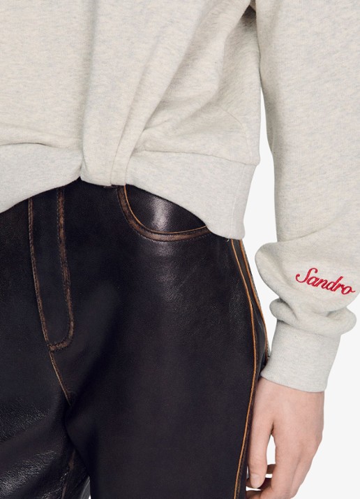 Sandro Sweater met gemêleerd dessin en logo - detail 6 lichtgrijs