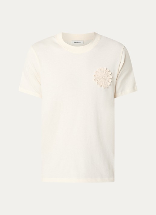 Sandro T-shirt met bloemborduring - voorkant gebroken wit