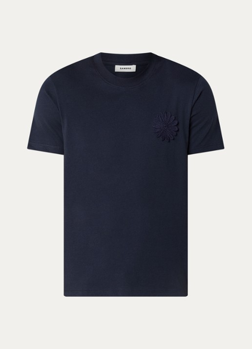 Sandro T-shirt met bloemborduring - voorkant 2 donkerblauw
