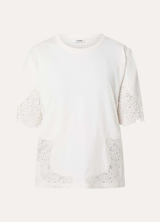 Sandro T-shirt met details van kant - voorkant 3 gebroken wit