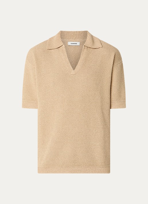 Sandro T-shirt met structuur en V-hals - voorkant beige