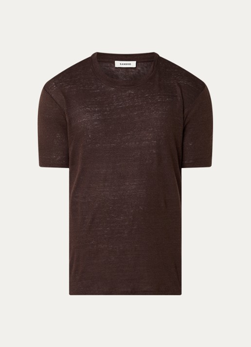 Sandro T-shirt van linnen met ronde hals - voorkant donkerbruin