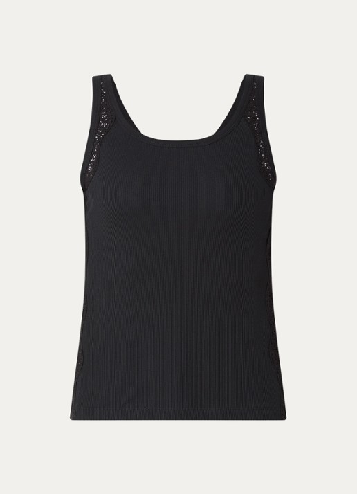 Sandro Tanktop met broderie en ribstructuur - voorkant zwart