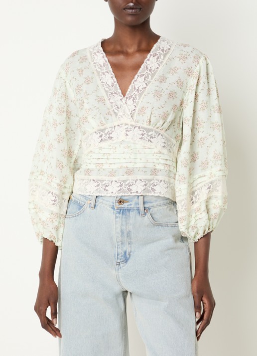 Sandro Top in linnenblend me details van kant - achterkant lindegroen