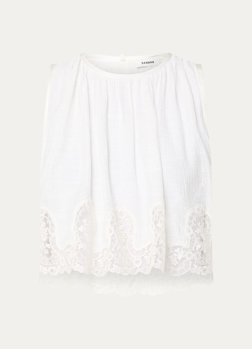 Sandro Top in linnenblend met broderie - voorkant wit