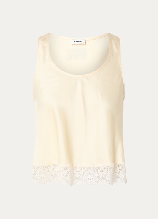 Sandro Top met broderie en ronde hals - voorkant vanillegeel
