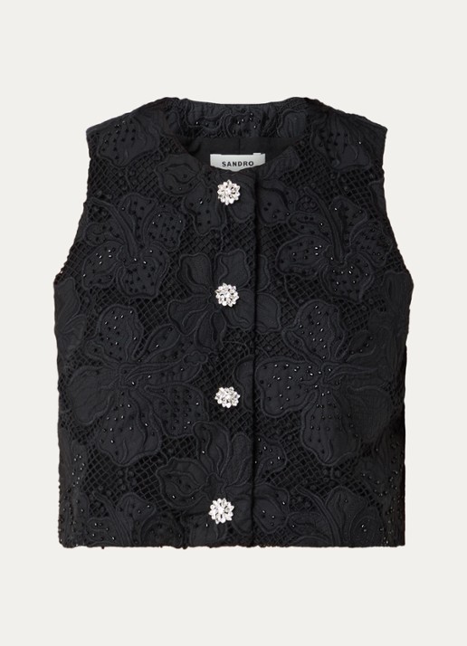 Sandro Top met opengewerkt dessin en strass - voorkant 3 zwart