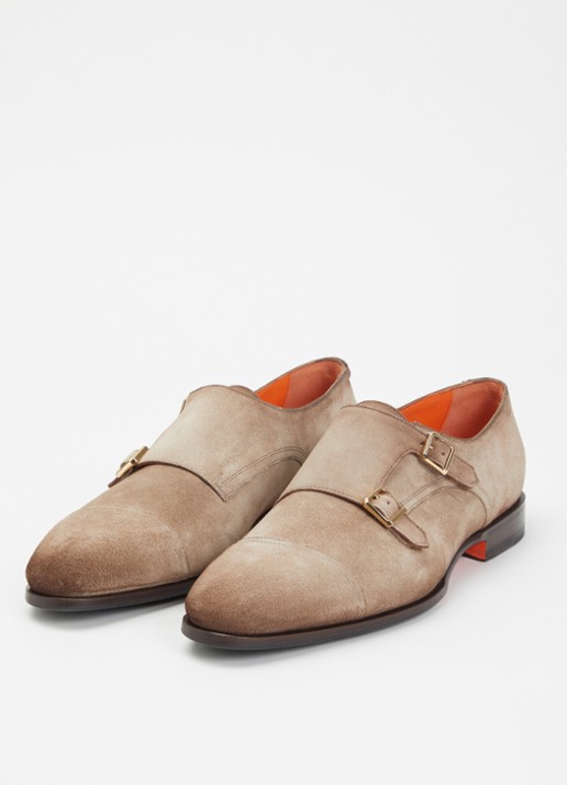 Santoni Axel Double Monk gespschoen van suède - detail 2 donkerbeige
