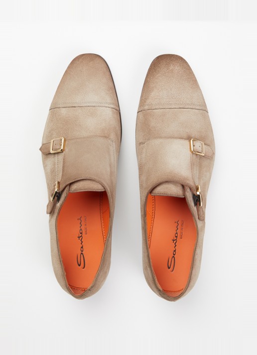 Santoni Axel Double Monk gespschoen van suède - detail 3 donkerbeige
