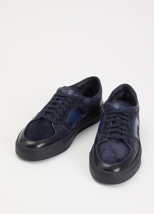 Santoni DBS Sport sneaker van suède met leren details - detail 2 donkerblauw