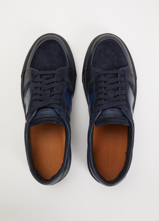 Santoni DBS Sport sneaker van suède met leren details - detail 3 donkerblauw