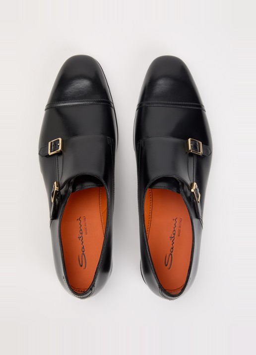 Santoni Gespschoen van leer - detail 4 zwart