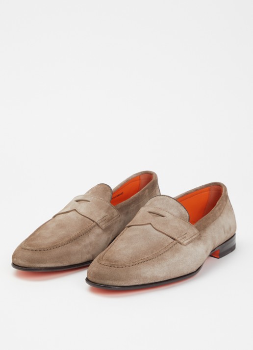 Santoni Sullivan loafer van suède - detail 3 donkerbeige