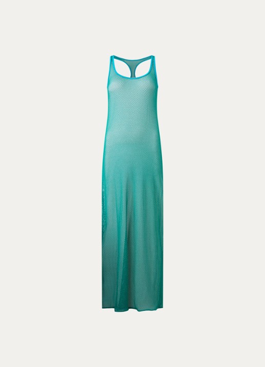 Sarda Janja maxi strandjurk met opengewerkt dessin en lurex - voorkant 3 turquoise