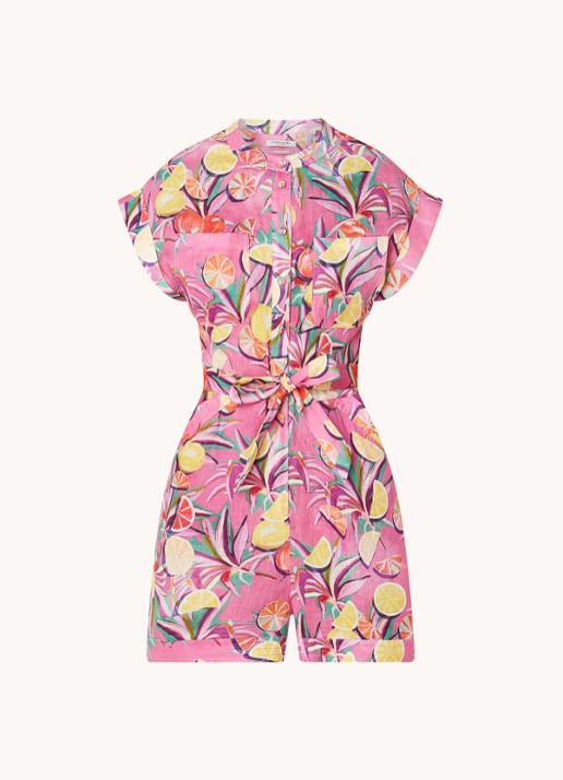 Scotch & Soda Loose fit jumpsuit van linnen met print - voorkant 3 roze