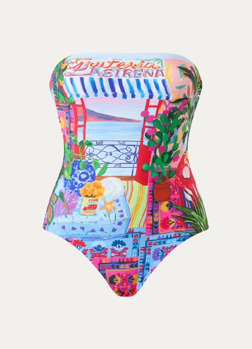 Seafolly Bandeau badpak met print en uitneembare vulling - voorkant 2 blauw