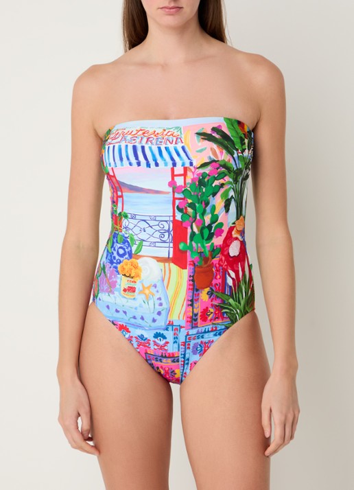 Seafolly Bandeau badpak met print en uitneembare vulling - voorkant 3 blauw