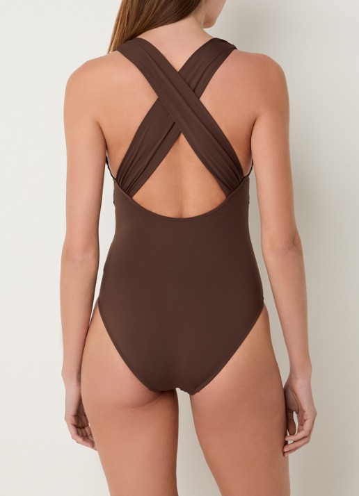 Seafolly Cross Back plunge badpak met plooidetail - achterkant bruin