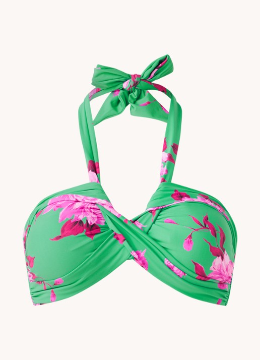 Seafolly Full Bloom voorgevormde bandeau bikinitop met bloemenprint - voorkant petrolgroen