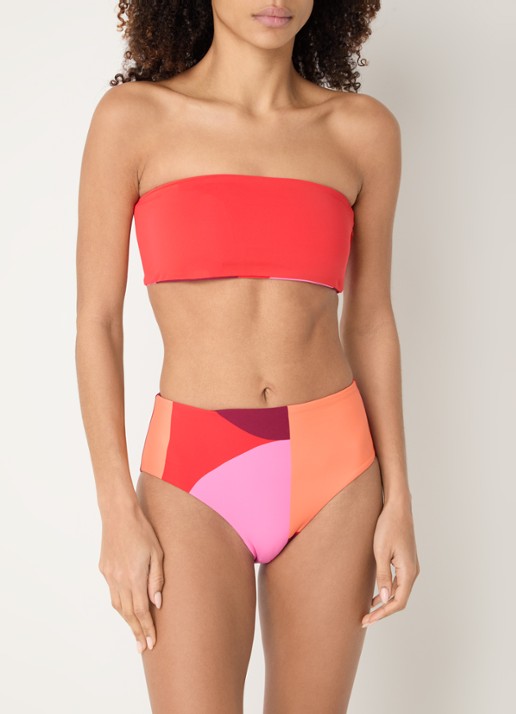 Seafolly Sorrento reversible bandeau bikinitop met print - voorkant 5 koraalroze