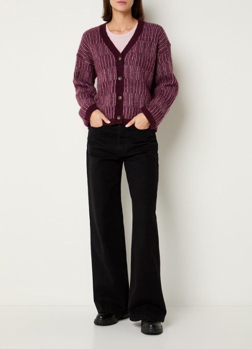 Selected Alva grofgebreid vest in alpaca wolblend met streepprint - voorkant 4 aubergine