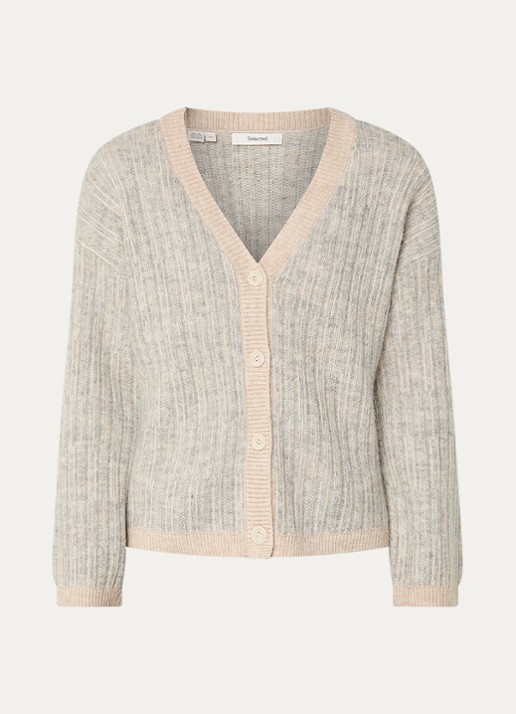 Selected Alva grofgebreid vest in alpaca wolblend met streepprint - voorkant 2 creme