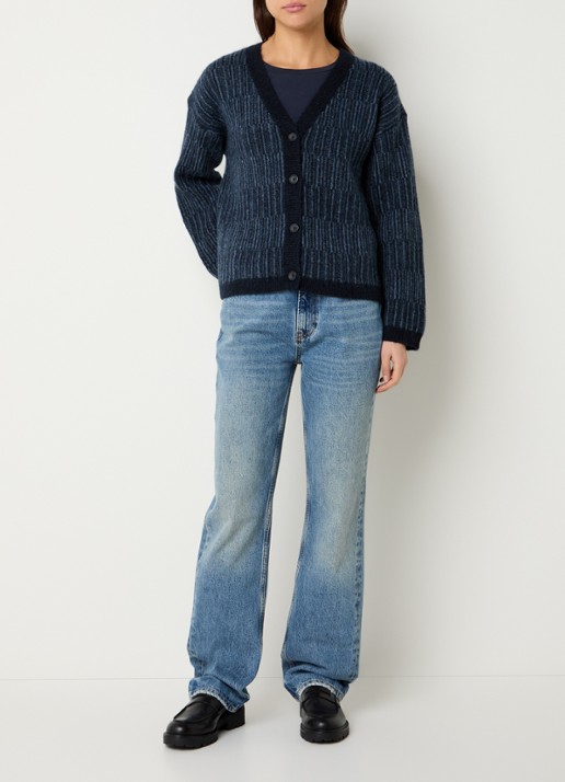 Selected Alva grofgebreid vest in alpaca wolblend met streepprint - voorkant 2 indigo