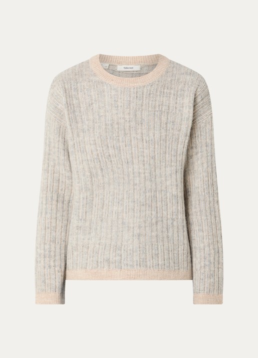 Selected Alva grofgebreide trui in alpaca wolblend met gemêleerd dessin - voorkant creme
