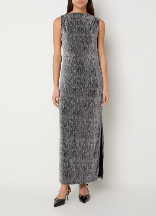 Selected Anita maxi jurk met lurex en split - detail 4 zilver