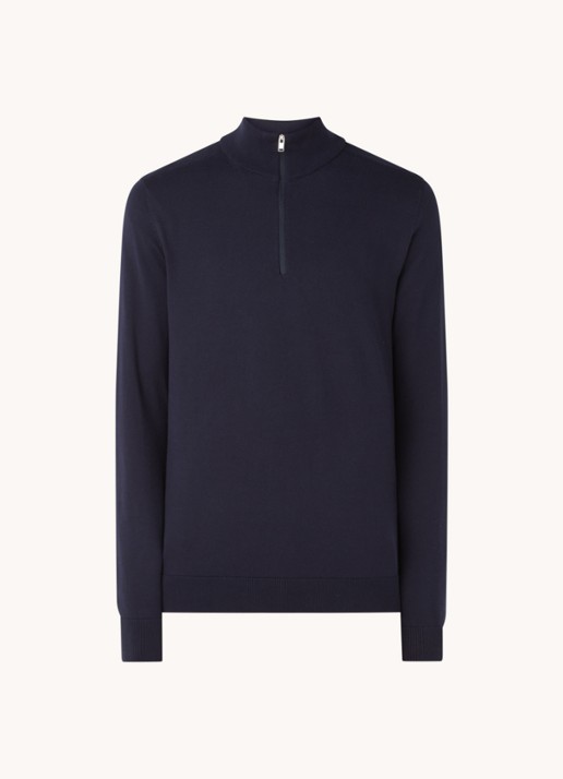 Selected Berg fijngebreide pullover met halve rits - voorkant donkerblauw