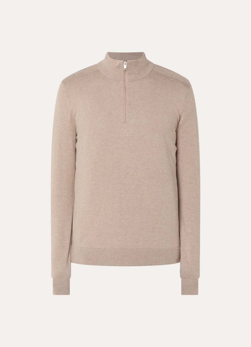 Selected Berg trui met halve rits - voorkant donkerbeige