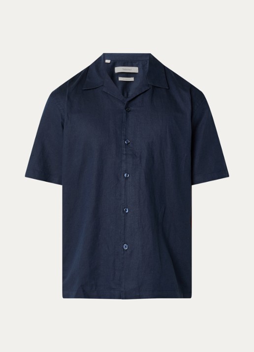 Selected Clay regular fit overhemd in linnenblend - voorkant donkerblauw