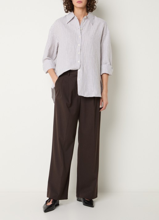 Selected Cleo oversized blouse in linnenblend met streepprint - voorkant 2 wit