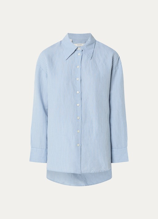 Selected Cleo oversized blouse in linnenblend met streepprint - voorkant 3 lichtblauw