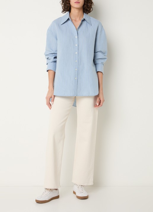 Selected Cleo oversized blouse in linnenblend met streepprint - voorkant 4 lichtblauw