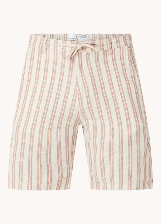 Selected Comfort Brody straight fit korte broek in  katoenblend met streepprint - voorkant 3 beige