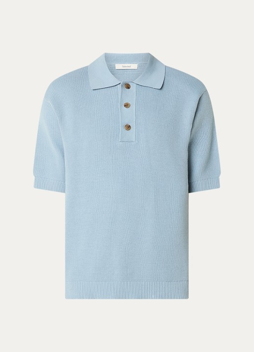 Selected Dane fijngebreide polo met stretch - voorkant lichtblauw
