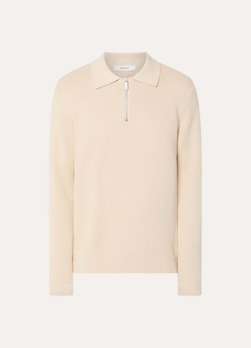 Selected Dane trui met polokraag en halve rits - voorkant beige